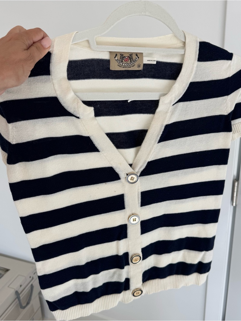Juicy Couture Navy and Cream Striped Button-Front Cardigan